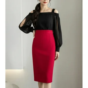 Jupe Crayon Rouge Stretch Élégante