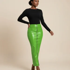 Jupe Crayon Longue Vert Vif Simili Cuir Chic