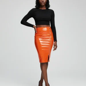 Jupe Crayon Orange Vernie Similicuir Élégante
