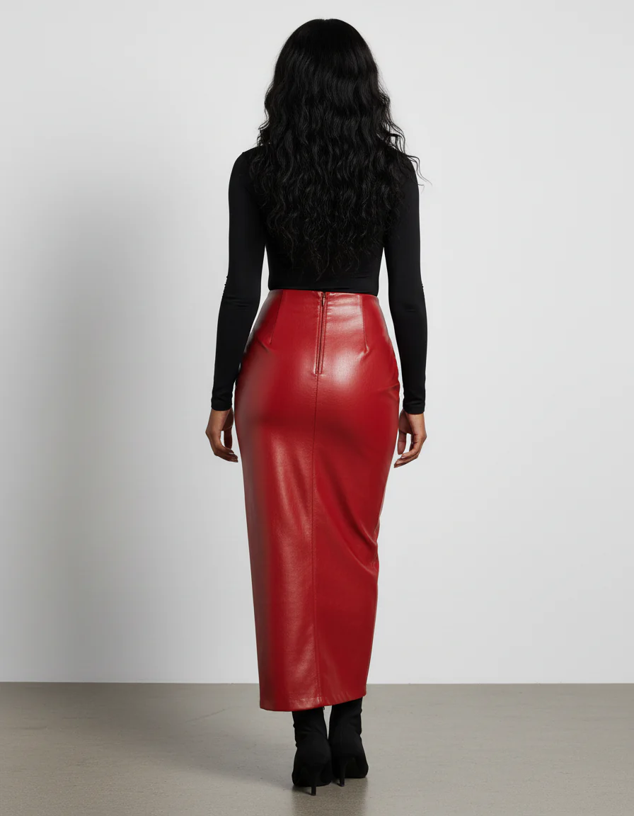 Jupe Crayon Rouge Simili Cuir Chic