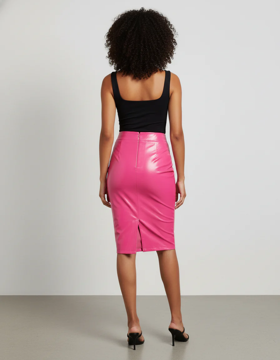 Jupe Crayon Rose Simili Cuir Brillante Élégante