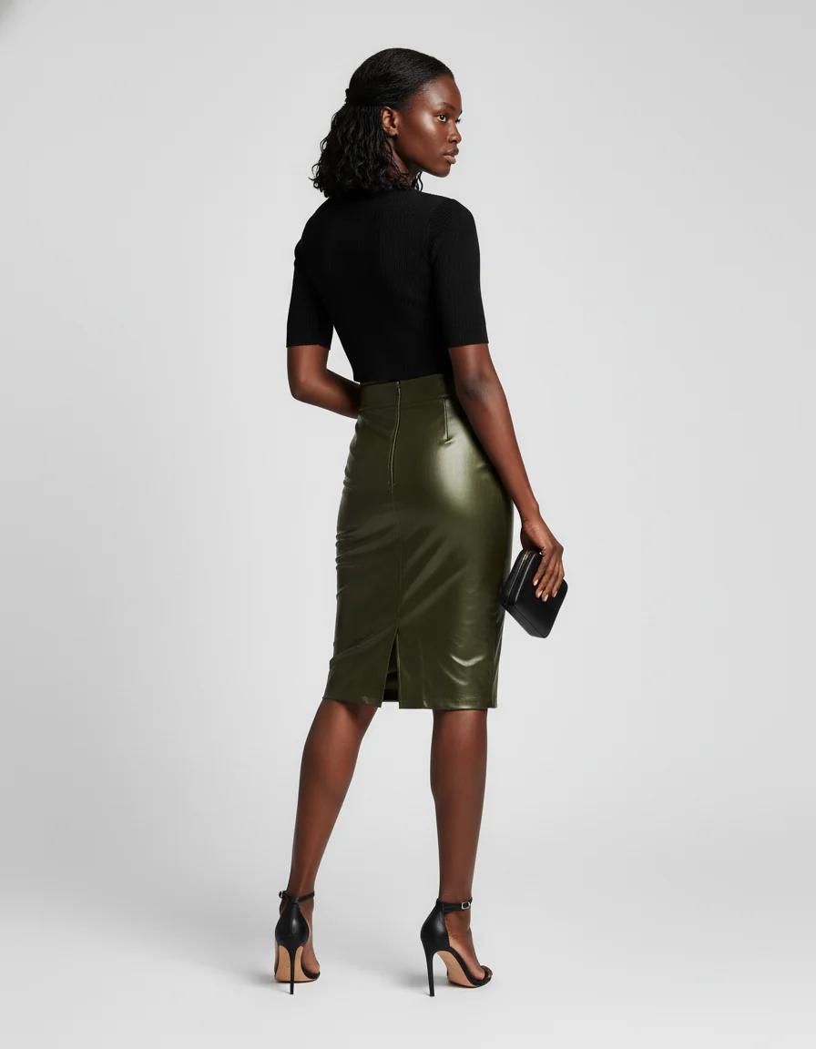 Jupe Crayon Vert Olive Brillante Élégante