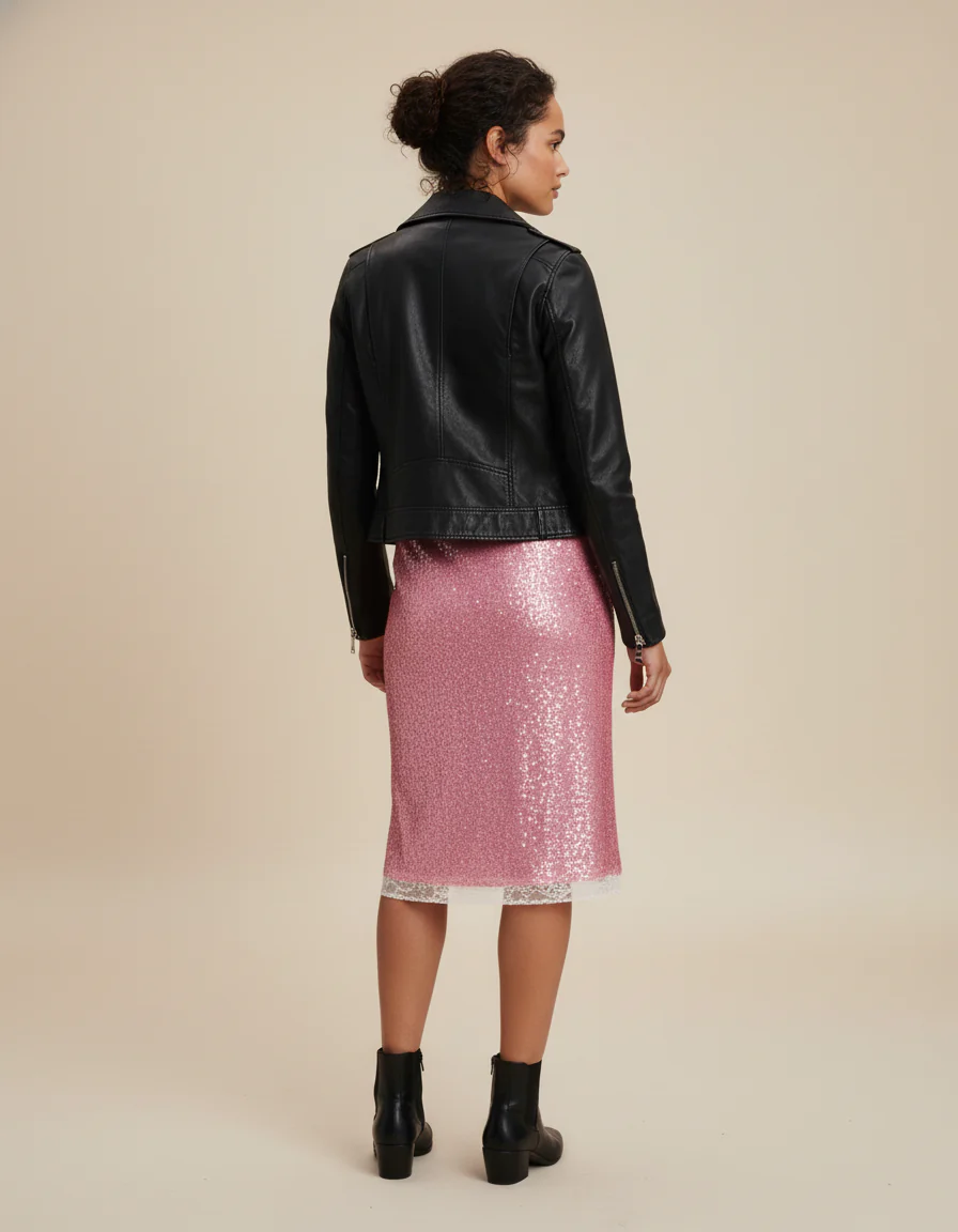 Jupe Crayon Rose Pailletée Dentelle Chic