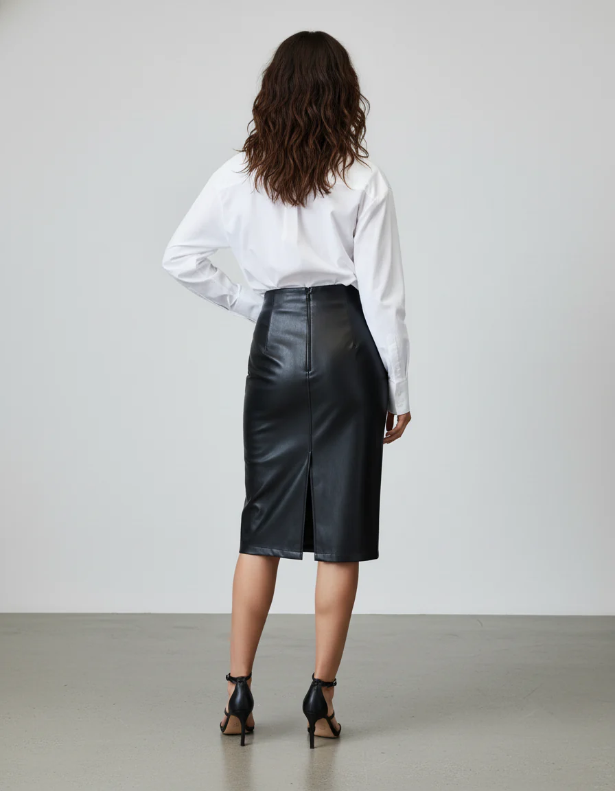 Jupe Crayon Simili Cuir Noire Fendue Chic