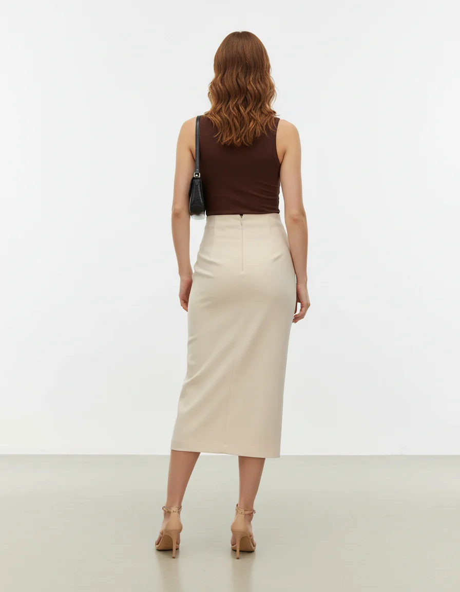 Jupe Crayon Beige Drapée Élégante
