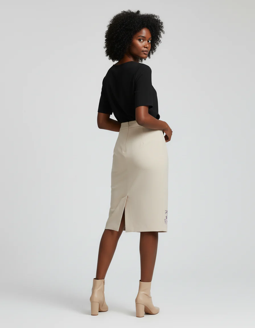 Jupe Crayon Beige Brodée Élégante