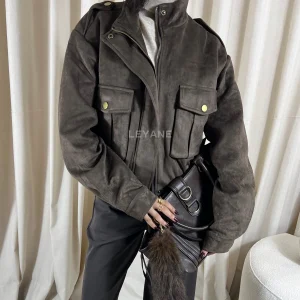 Veste aviateur oversize effet daim - Marron